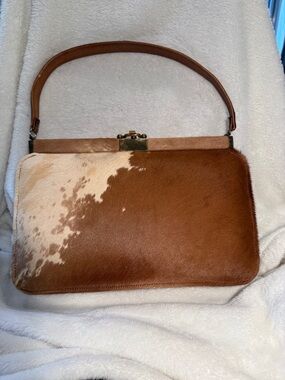 Brown and White Cowhide Top-Handle Satchel